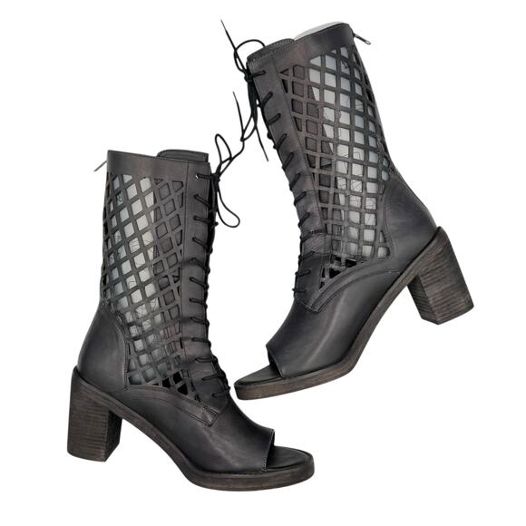 Vintage Foundry Company Normandy Laser Cut Leather Open Toe Lace Up Midi Boots - Picture 1 of 11
